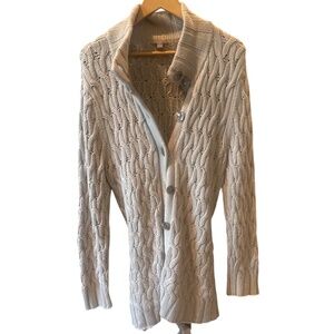 J Jill Cream Long Button Down Cable Knit Sweater Tie Waist X-Large Comfort